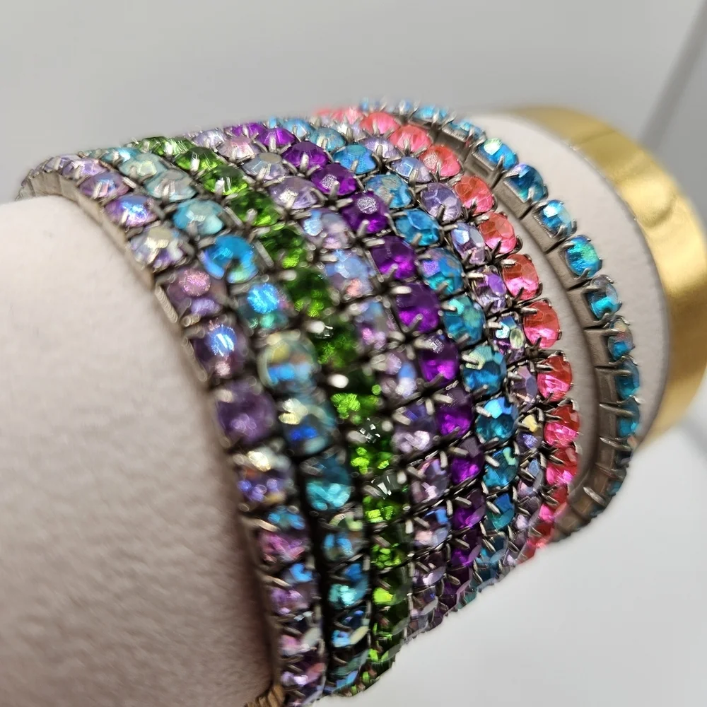 Rainbow Iridescent Rhinestone Stretch Thin Bracelet Set of 9 Purple Pink Green